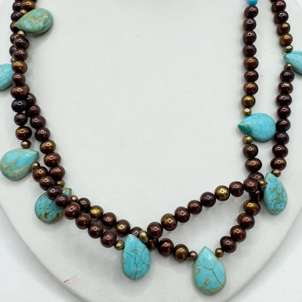 Turquoise Teardrop Bronze Pearl Double Strand Necklace Sterling Silver Bohemian